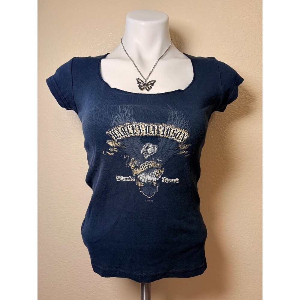 Harley-Davidson 105th Anniversary Eagle Graphic T-Shirt Navy Blue Women Small #7